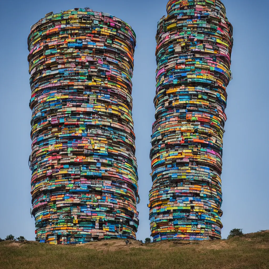 Image similar to a circular tower, made up of colourful makeshift squatter shacks, dystopia, sony a 7 r 3, f 1 1, fully frontal view, ultra detailed, photographed by hiroshi sugimoto,