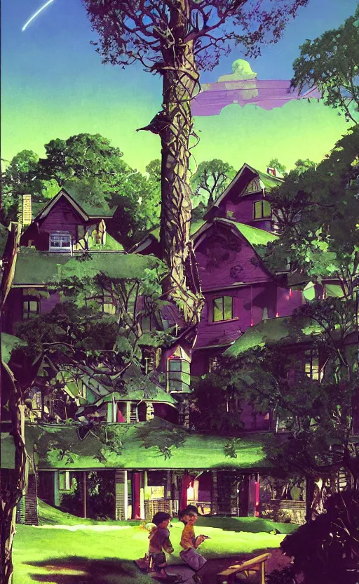 Image similar to a suburban treehouse neighborhood with deep green and purple glowing clouds. highly detailed science fiction painting by norman rockwell, frank frazetta, and syd mead. rich colors, high contrast, gloomy atmosphere, dark background. trending on artstation.