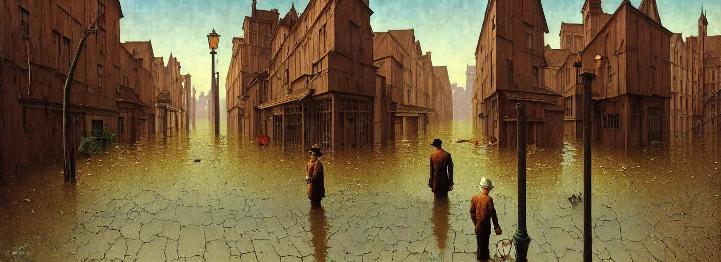 Prompt: flooded old wooden empty cursed city street, very coherent and colorful high contrast masterpiece by norman rockwell franz sedlacek rene magritte gediminas pranckevicius, full - length view, dark shadows, sunny day, hard lighting, reference sheet white background