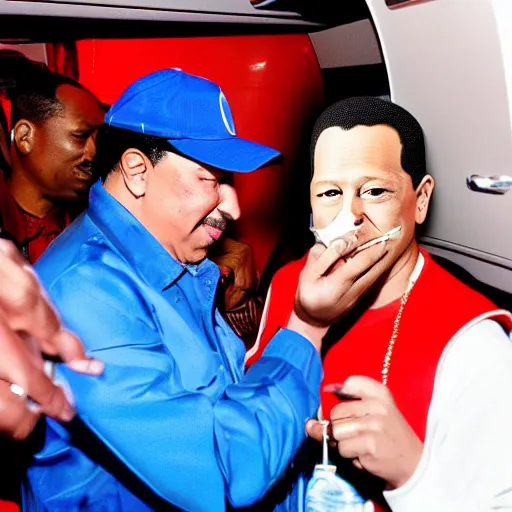 Image similar to hugo chavez smoking with snoop dog in a party inside a private jet, realistic render, award winning photography, luxury