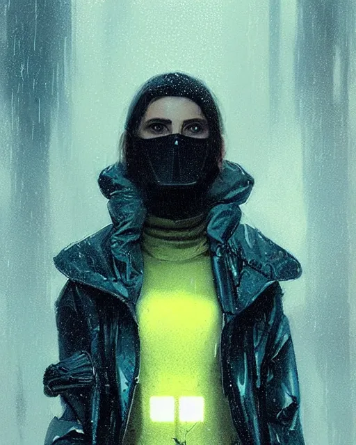 Prompt: detailed portrait kodak portra 800; grainy film European Pretty Young Girl Storm Rain bladerunner movie Reflective jacket coat, Futuristic sci-fi fashion, royal attire by ismail inceoglu dragan bibin hans thoma greg rutkowski Alexandros Pyromallis Nekro Rene Margitte illustrated Perfect face, fine details, realistic shaded, fine-face, pretty face