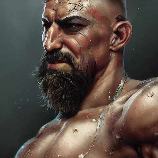 Image similar to proud muscular turkish warrior, portrait by Cedric Peyravernay, highly detailed, excellent composition, cinematic concept art, dramatic lighting, trending on ArtStation