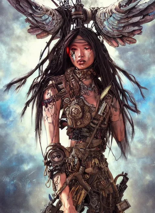 Image similar to hyper realistic photography portrait of postapocalyptic cyberpunk asian cyborg tribal warrior angel unicorn cinematic, brom, mucha, moebius juan gimenez artstation, cgsociety