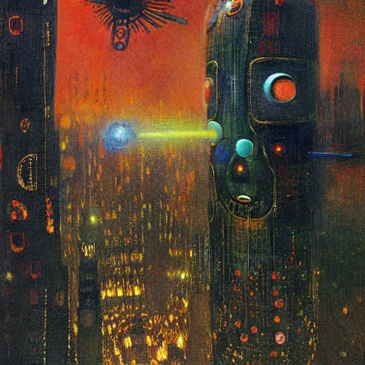 Image similar to cyborg flying on futuristic city by odilon redon