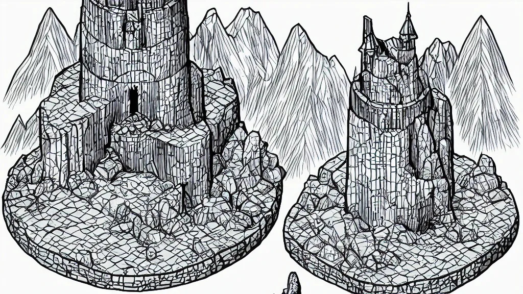 Prompt: isometric view of a wizard tower that's surrounded by rocks and mountains, lineart