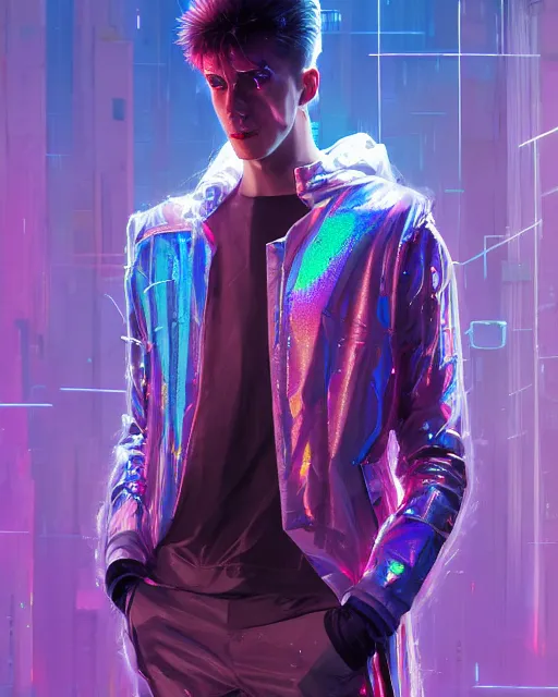 Image similar to detailed portrait of European Pretty Pale Guy Sheen Holographic Jacket coat, Futuristic sci-fi fashion, royal attire Akira, Evangelion, cyberpunk, neotokyo, synthwave, aesthetics, futuristic, low-emission-neon, bladerunner movie scene by ismail inceoglu dragan bibin hans thoma greg rutkowski Alexandros Pyromallis Nekro Rene Margitte illustrated Perfect face, fine details, realistic shaded, fine-face, pretty face sharp chine