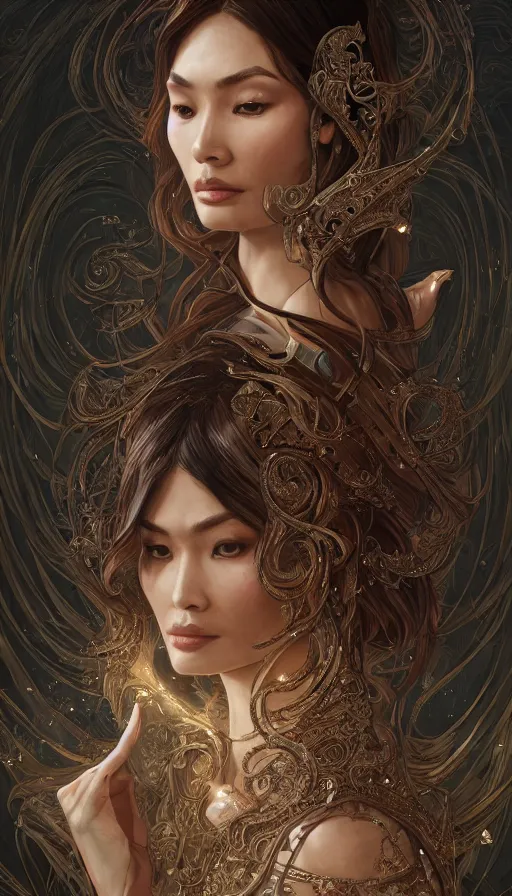 Prompt: the librarian, gemma chan, acotar, fibonacci, sweat drops, intricate fashion clothing, insane, intricate, highly detailed, surrealistic, digital painting, artstation, concept art, smooth, sharp focus, illustration, unreal engine 5, 8 k, art by artgerm and greg rutkowski and alphonse mucha