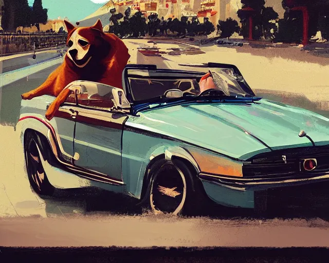 Prompt: a painting of a hipster dog driving a convertible in monte carlo, in the style of greg rutkowski, highly detailed, artstation