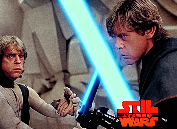 Image similar to screenshot from the film, Luke Skywalker faces off against unknown sith lord in electricity filled temple, 1970s film directed by Stanley Kubrick, Kodak color film, LUT, 4K, hyperdetailed, iconic scene, moody cinematography, anamorphic lenses
