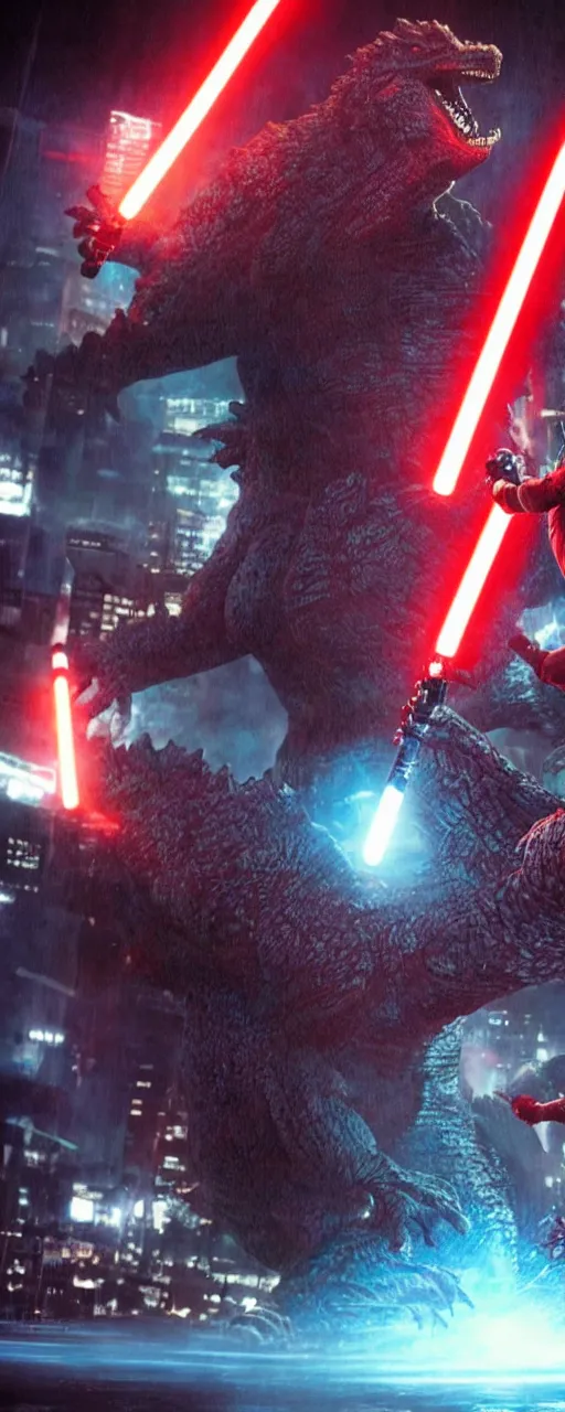 Prompt: Ryu with a lightsaber battling godzilla in neo-tokyo, shot by michael bay, 4k, futuristic, cinematography