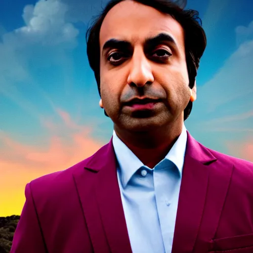Prompt: Raj Koothrappali as Saul Goodman, promo poster, clouds in the background, cinematic light, 35 mm, film grain, movie, realistic