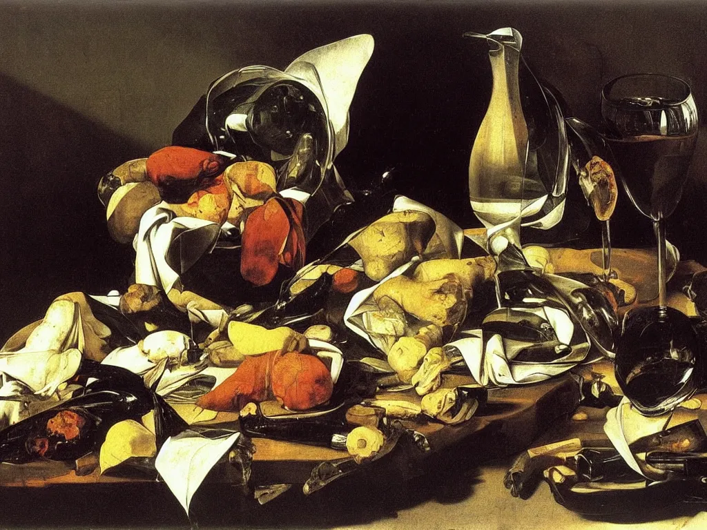 Image similar to by Michelangelo Merisi da Caravaggio Still Life with shattered and whole wine bottles