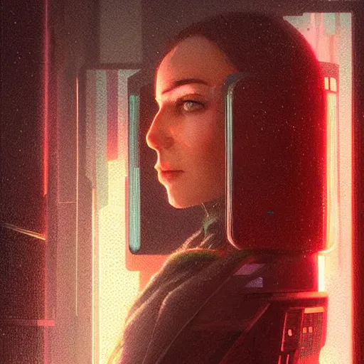 Image similar to portrait of cyberpunk woman looking out of a window, cyberpunk setting, futuristic, highly detailed, intricate lighting, digital painting, sharp focus, illustration, trending on artstation, art by greg rutkowski.
