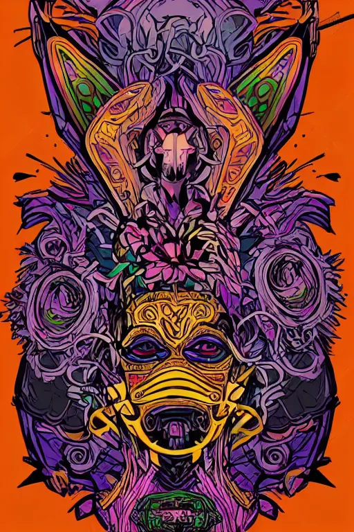 Image similar to animal mask totem roots flower tribal feather gemstone plant wood rock shaman vodoo video game vector cutout illustration vivid multicolor borderlands comics by josan gonzales and dan mumford radiating a glowing aura