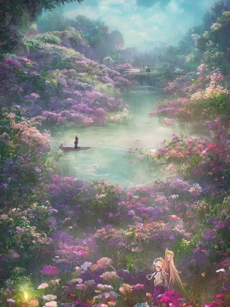 Prompt: a dream flower garden surrounding a lake environment where one draws mystical energy into their lives, background art, pristine concept art, small, medium and large design elements, in the style of WLOP and Ross Tran