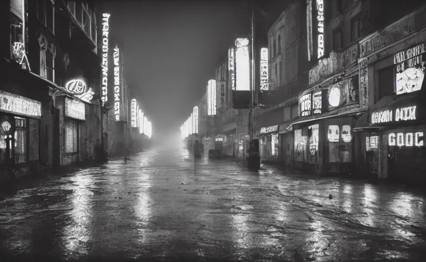 Prompt: high quality movie still of a soviet street yougoslavian street with few pedstrian , Cinestill 800t 18mm black and white heavy grain, very detailed, precise, HD, rain, mud, foggy, neon billboard
