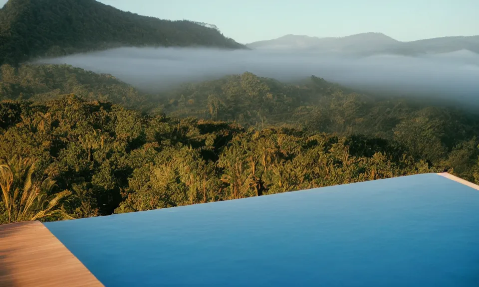 Prompt: 35mm film still, morning light over futuristic low-Fi villa in mountains high up, view over valley, fog in valley, the beach at a tropical island, vivid , color palette of gold, infinity pool in front of house