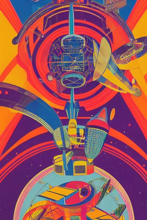 Image similar to a 6 0 s art deco poster with the interior of an international space station fuill of electronic equipment, poster art by milton glaser, kilian eng, moebius, behance contest winner, psychedelic art, concert poster, poster art, maximalist