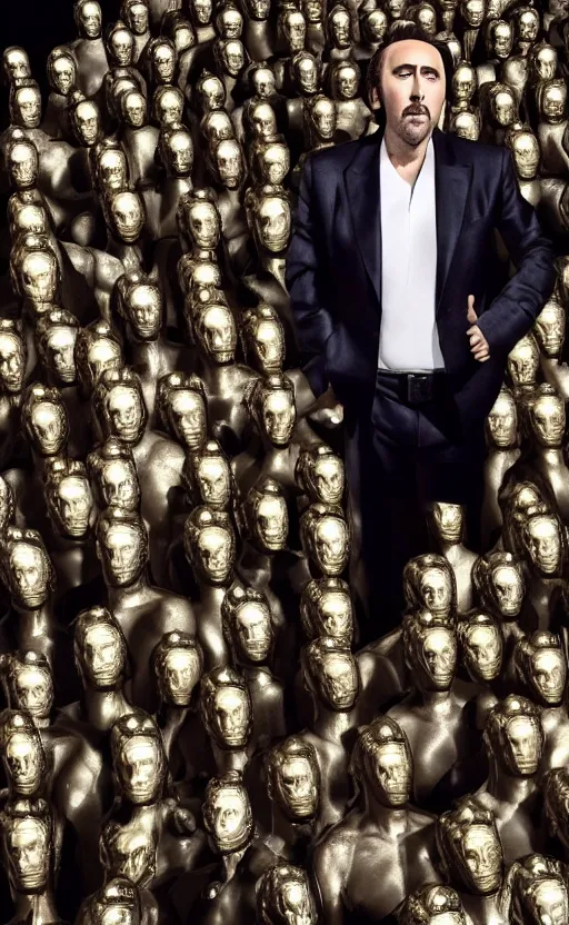 Prompt: nicolas cage surrounded by Oscar statues. Smiling face. Cinematic, hyper realism, realistic proportions, volumetric lighting, high detail 4k.