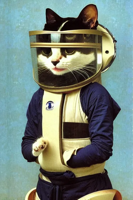 Prompt: portrait of a cat astronaut in samurai helmets an ancient human species, single person, by bouguereau