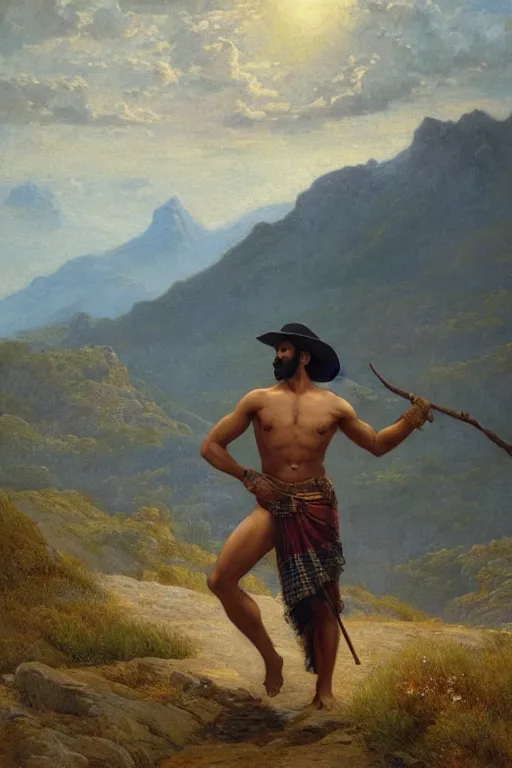 Prompt: a dramatic epic beautiful painting of a shirtless desi man on a mountain path | he is wearing a plaid kilt and cowboy hat, and holding a walking stick | background is mountains and clouds | dramatic lighting, golden hour, homoerotic | by walter crane, by gaston bussiere, by tom of finland | trending on artstation