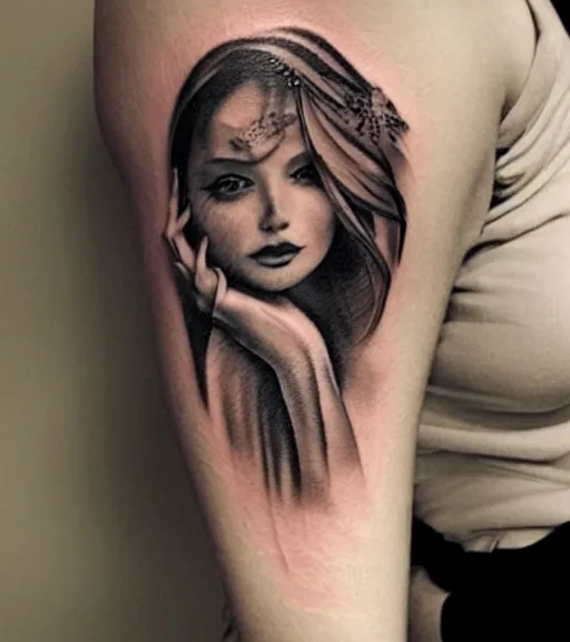 Image similar to tattoo design sketch of an extremely beautiful woman with a background of beautiful mountains on her side, hyper - realistic, double exposure effect, in the style of den yakovlev, amazing detail, black and white, faded