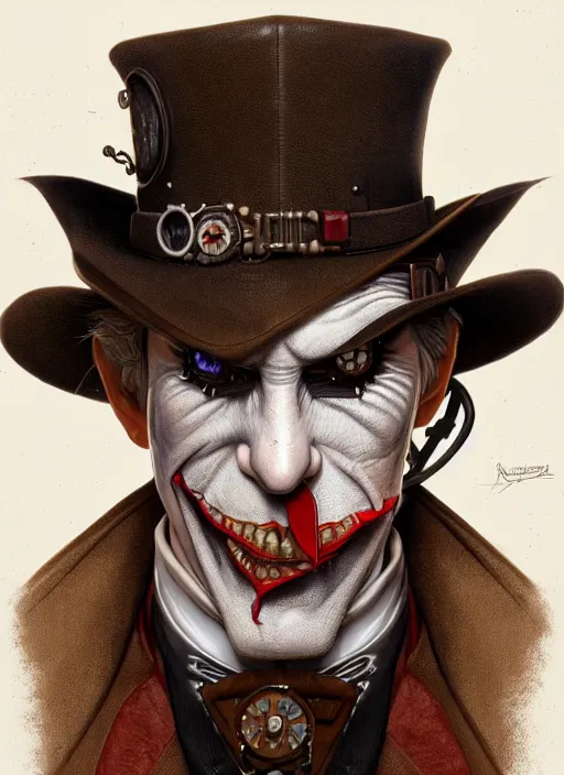 Prompt: portrait of steampunk joker, intricate, highly detailed, ray tracing, digital painting, artstation, concept art, smooth, sharp focus, illustration, art by artgerm and greg rutkowski and alphonse mucha, 8 k