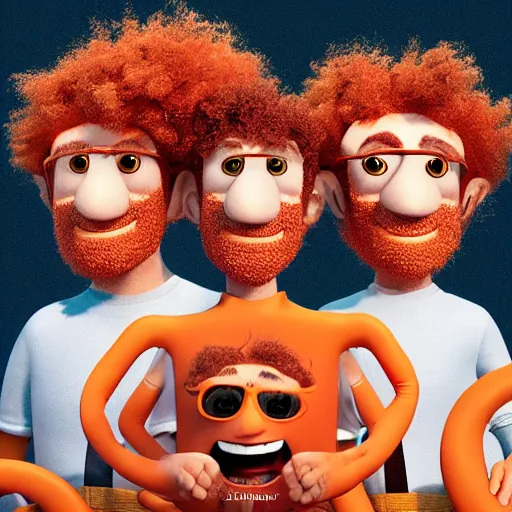 Image similar to 3 d render of curly orange hair men as a pixar 2 0 2 2 movie poster, smooth, intricate, octane, reflects, ultra detailed, sharp focus, symmetry