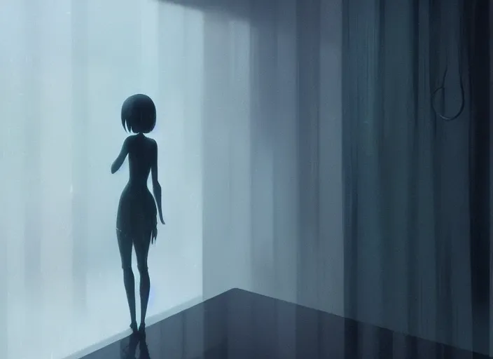 Prompt: a distorted matte black humanoid creature behind fogged up glass, bedroom, horror, fog, rain, by makoto shinkai an krenz cushart