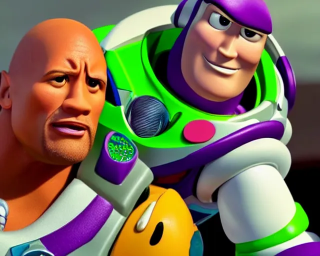 Image similar to Film still close-up shot of Dwayne Johnson as Buzz Lightyear in the movie Toy Story 3. Photographic, photography