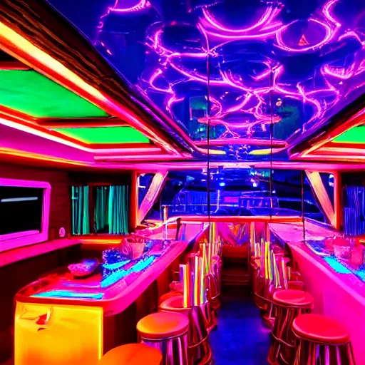 Prompt: architectural digest photo, inside dark and moody crowded futuristic neon tiki bar inside a yacht, tropical plants, blue lighting with small pastel orange and pink accent lights, crowd of cool people dancing