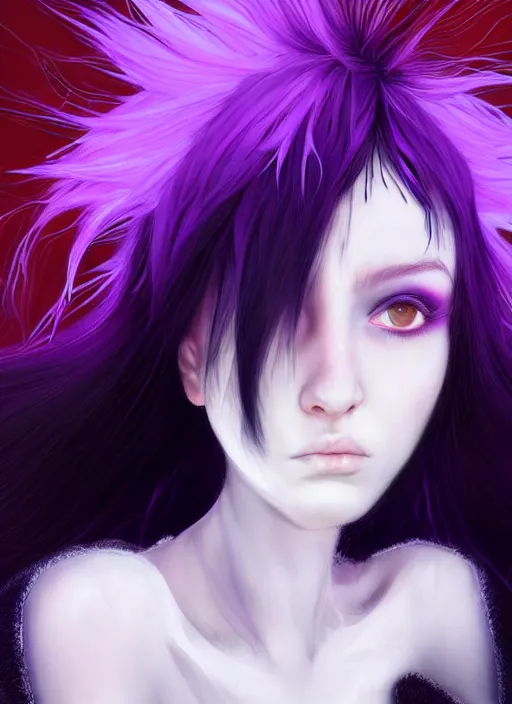 Image similar to hair blackbangs hair, white cyberlox, portrait of normal teenage girl, normal face, black bangs, messy bangs, fluffy bangs, cyberlox, whitebangs, red contact lenses, purple background, intricate, elegant, highly detailed, digital painting, artstation, concept art, sharp focus, smooth, illustration, art by wlop, mars ravelo and greg rutkowski