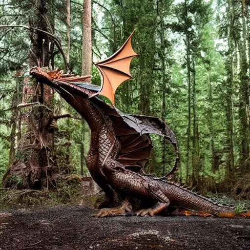 Image similar to dragon coming out of an oil spring, photograph taken in a dark forest