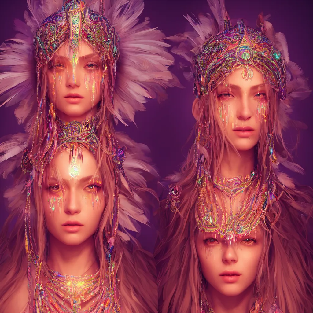 Image similar to portrait highly detailed beautiful symmetrical face high priestess intricate elegant detailed crystal jewellery with tribal feathers, lush colourful volumetric lighting, anime digital painting, concept art, smooth, sharp focus 3 d, divine realm of gods, realistic cinematic style, octane render, photographic, unreal engine 8 k