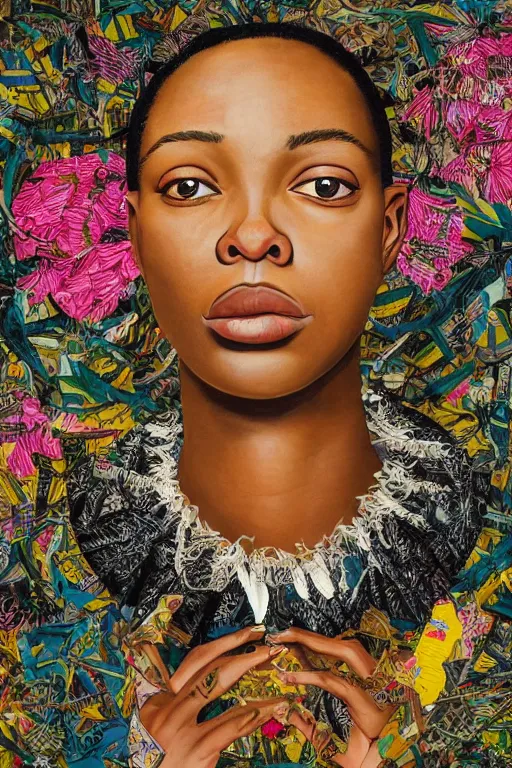 Image similar to A detailed maximalist collage of a portrait with large eyes, exasperated expression with an existential dread of love, mixed media torn paper collage, highly detailed and intricate illustration, high fashion, in the style of Kehinde Wiley