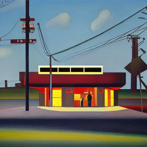 Prompt: googie architecture, grant wood, pj crook, edward hopper, oil on canvas