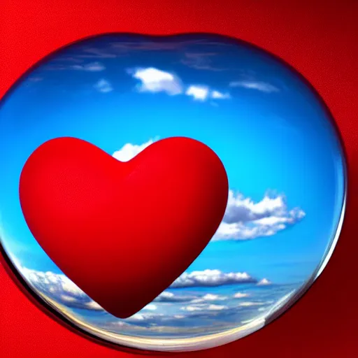 Prompt: two red paper hearts inside a clear glass spherical bubble. blue sky with clouds background. beautiful, highly detailed, elegant, artstation, concept art, smooth and sharp focus, illustration