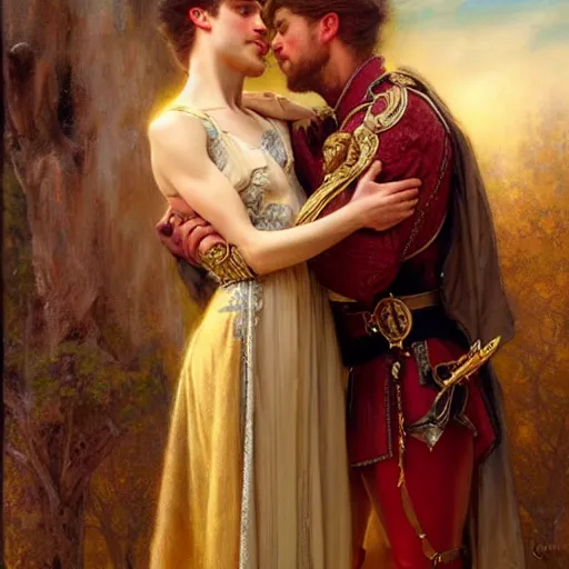 Image similar to attractive fully clothed king confesses his love for his attractive fully clothed male prince. highly detailed painting by gaston bussiere, tom bagshaw, j. c. leyendecker