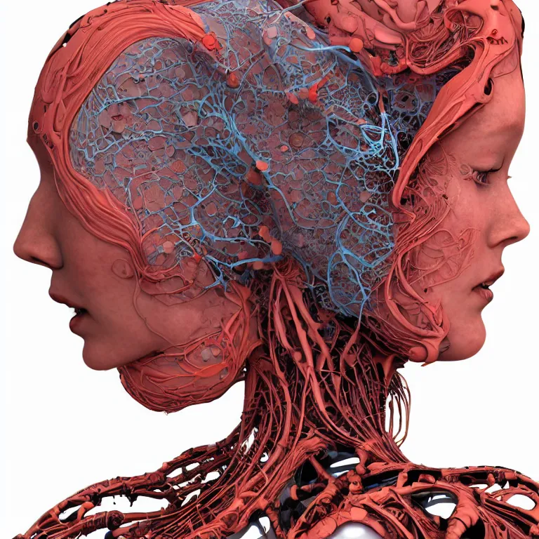 Image similar to portrait of beautiful!! horizontally symmetrical!! woman head with coral!! reef hair. torso, lungs, plates, biomechanical android. soft light painted by james jean and moebius!!! and erik jones, inspired by mary jane ansell, smooth face feature, intricate oil painting, high detail 3 d render, sharp high detail