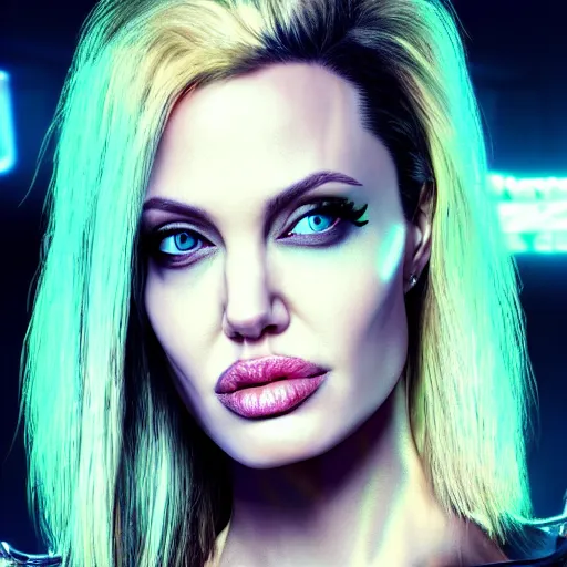 Prompt: Angelina Jolie, neon face tattoo, cyberpunk background, straight hairstyle, white eyes, blonde hair, realistic render, short hair, unreal engine render, Icaro Carvalho