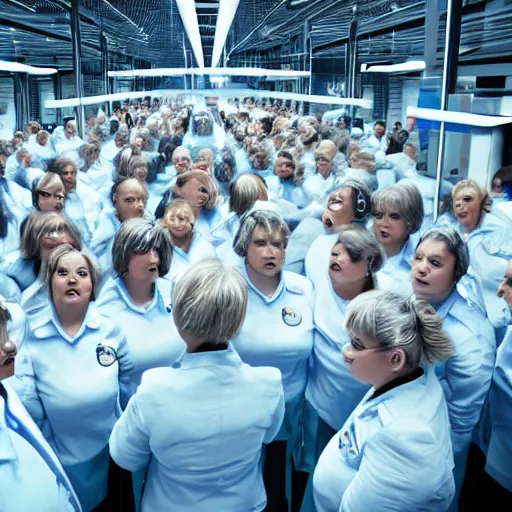 Prompt: unorganized crowd of angry chubby women, white hair, tight light blue neopren space uniforms, futuristic production facility, sci - fi, highly detailed, cinematic