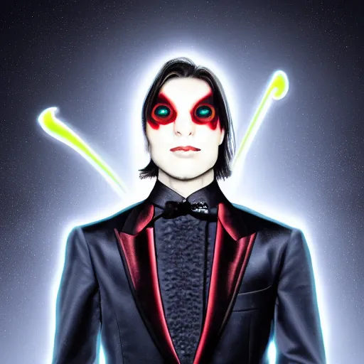 Image similar to a male magician with glowing eyes, frontal view, cool looking, digital art