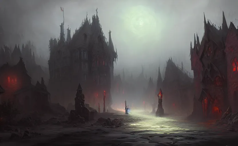 Prompt: extreme long shot concept art depicted an old english mystic town, dramatic mood, overcast mood, dark fantasy environment, art by legends of runeterra and league of legends and arcane, art by tony sart, art by thornton oakley, art by darek zabrocki, trending on artstation, unreal engine