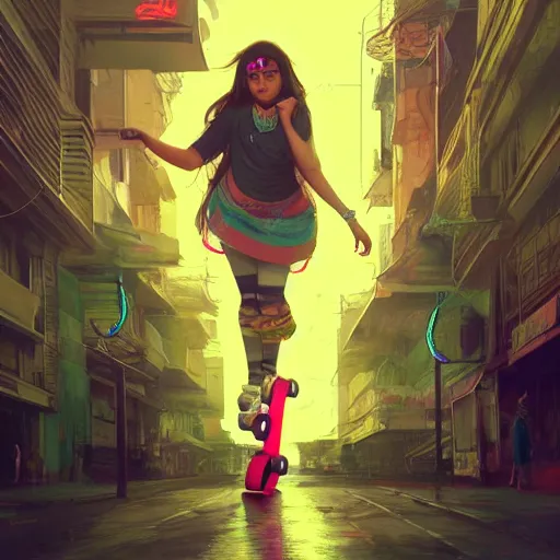 Image similar to character concept of a white bengali girl, chubby, riding a skateboard, neon lights, highly detailed, digital painting, artstation, concept art, symmetry, smooth, sharp focus, illustration, art by artgerm and greg rutkowski and alphonse mucha