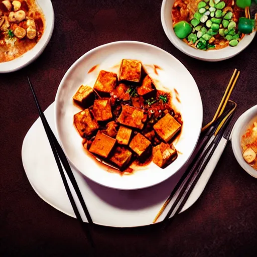 Image similar to An epic fantastic realism comic book style painting of the most beautiful mapo tofu, unreal 5, DAZ, hyperrealistic, octane render, dynamic lighting