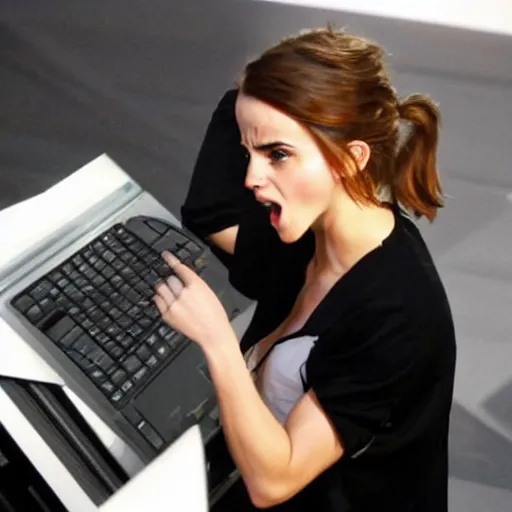 Image similar to emma watson angrily smashing a computer. photo.