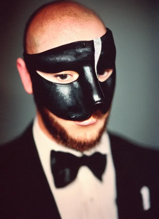 Prompt: a fashion portrait photograph of a man in a black suit wearing mask designed by jean paul gaultier, 3 5 mm, color film camera, pentax