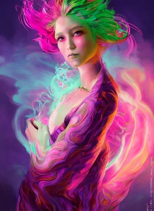 Prompt: psychedelic [ chemiluminescence ] elegant woman chakra spirit with pink hair smoke and fluid dynamics, colorful, psychedelic, ornate, intricate, digital painting, concept art, smooth, sharp focus, illustration, blacklight reacting, art by artgerm and greg rutkowski
