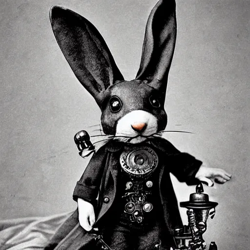 Image similar to a steampunk rabbit, victorian photograph