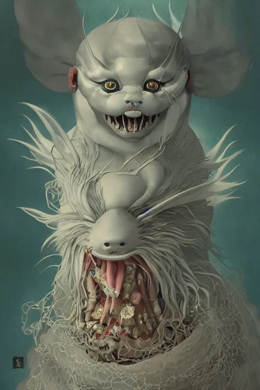 Image similar to a portrait of a japanese ghost yokai animal illustrated by miyazaki by karol bak, james jean, tom bagshaw, rococo, sharp focus, trending on artstation, cinematic lighting, hyper realism, octane render, 8 k, hyper detailed, vivid, ultra detailed, highly detailed